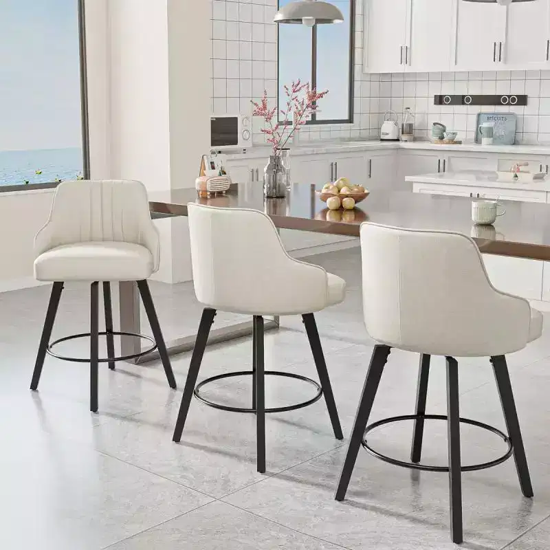 Thick Padded Cushion Wood Legs Modern Bar Stool With 360 Rotation