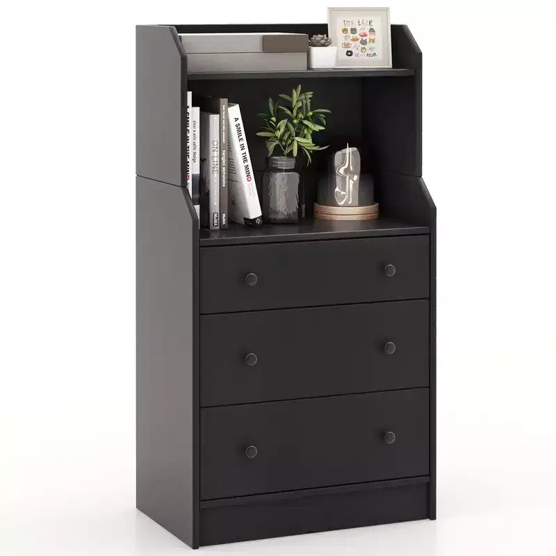 Costway 3-Drawer Dresser 44 Tall Wood Storage Organizer Chest with 2 Open Shelves Black/White/Walnut