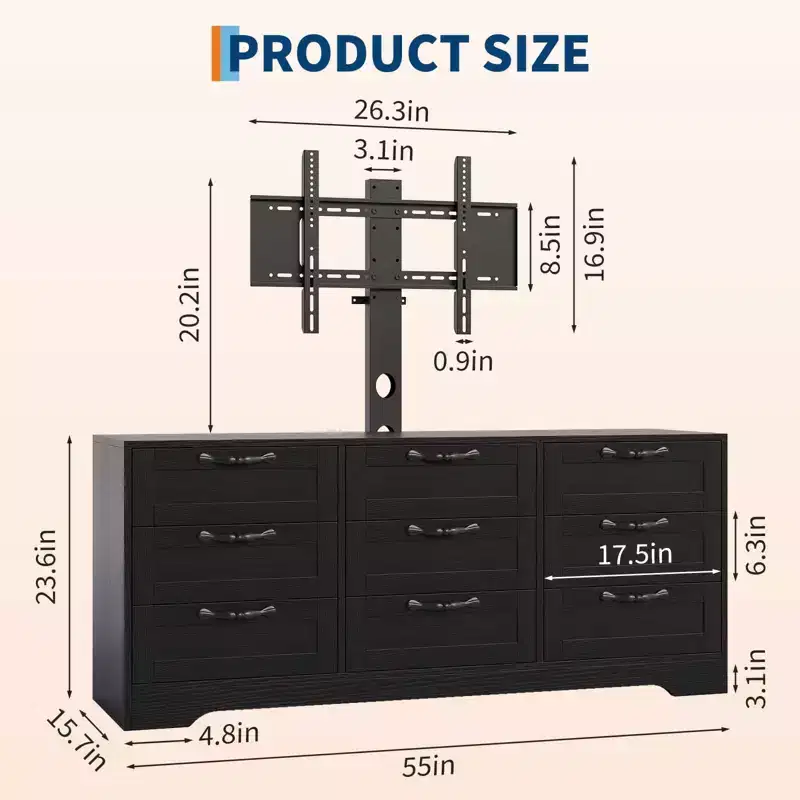 9 Drawer Dresser TV Stand with Mount for 32-85 in TVs, Modern Entertainment Center with Drawers, Media Console Table for Bedroom Living Room