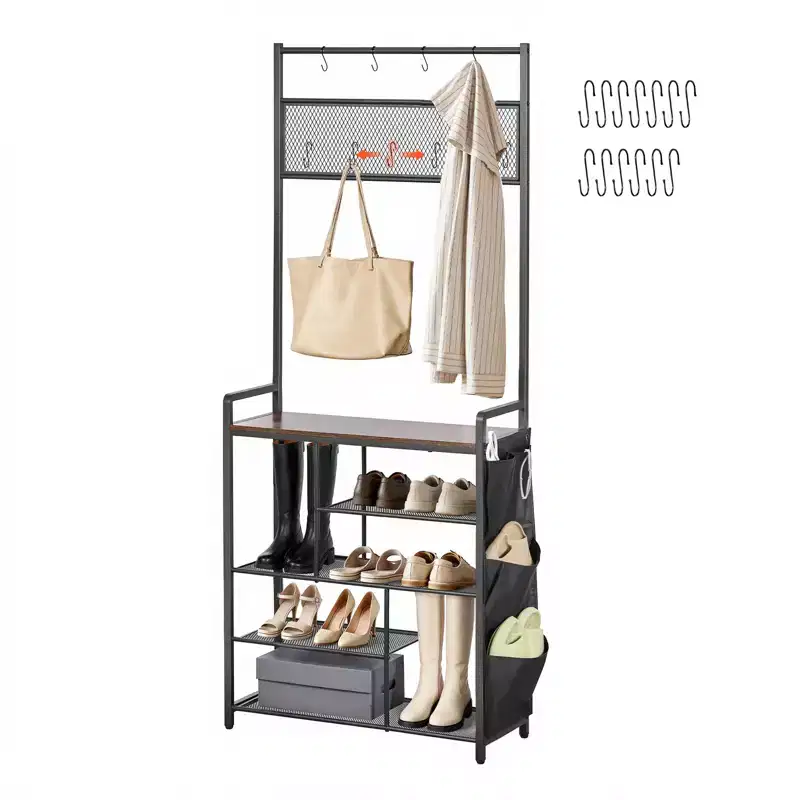 Hall Tree, 70.9 in Coat Rack with Shoe Storage, Freestanding 4-Tier Shoe Rack Organizer with Hooks, Side Pocket and Wire Shelf, Brown & Black