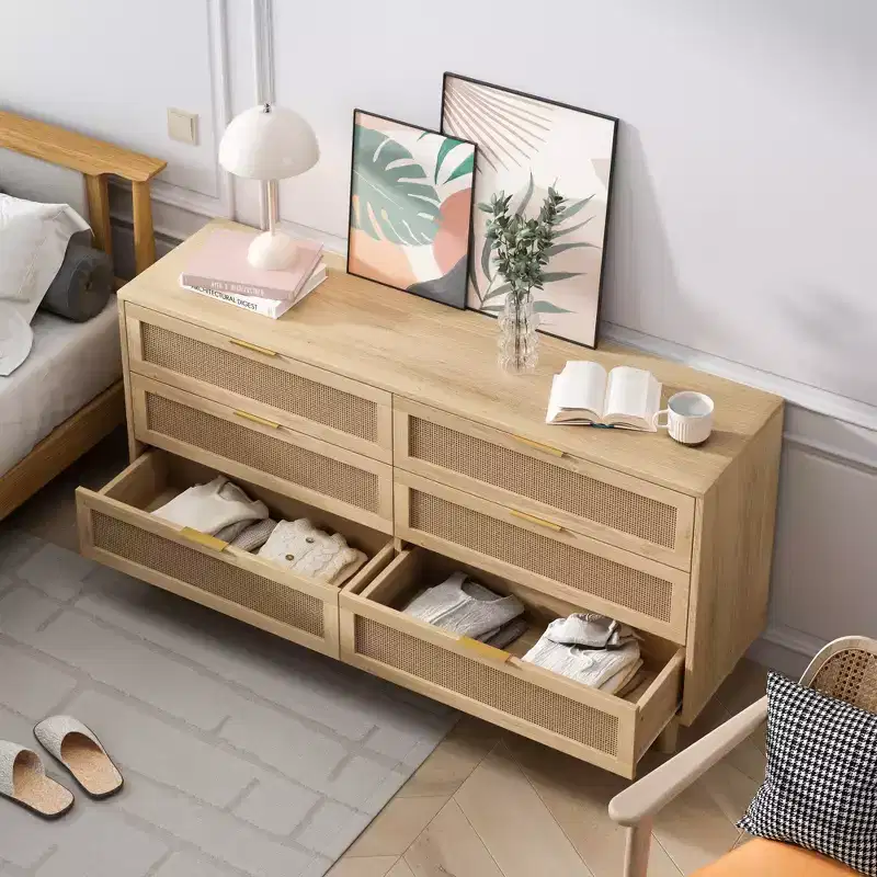 59.06-inch 6-Drawer Rattan Storage Cabinet with White Drawer Slides, Suitable for Bedrooms, Features Storage Space, Natural