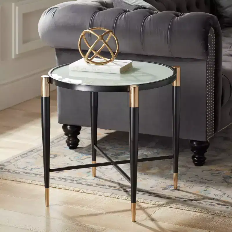 Studio 55D Modern Metal Round Accent Side End Table 25 Wide Matte Black Gold Marbleized Glass Tabletop for Living Room Bedroom