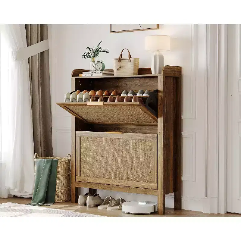 Acekool 32 Rattan Shoe Cabinet with 2 Flip Drawers Farmhouse Narrow Organizer for Entryway