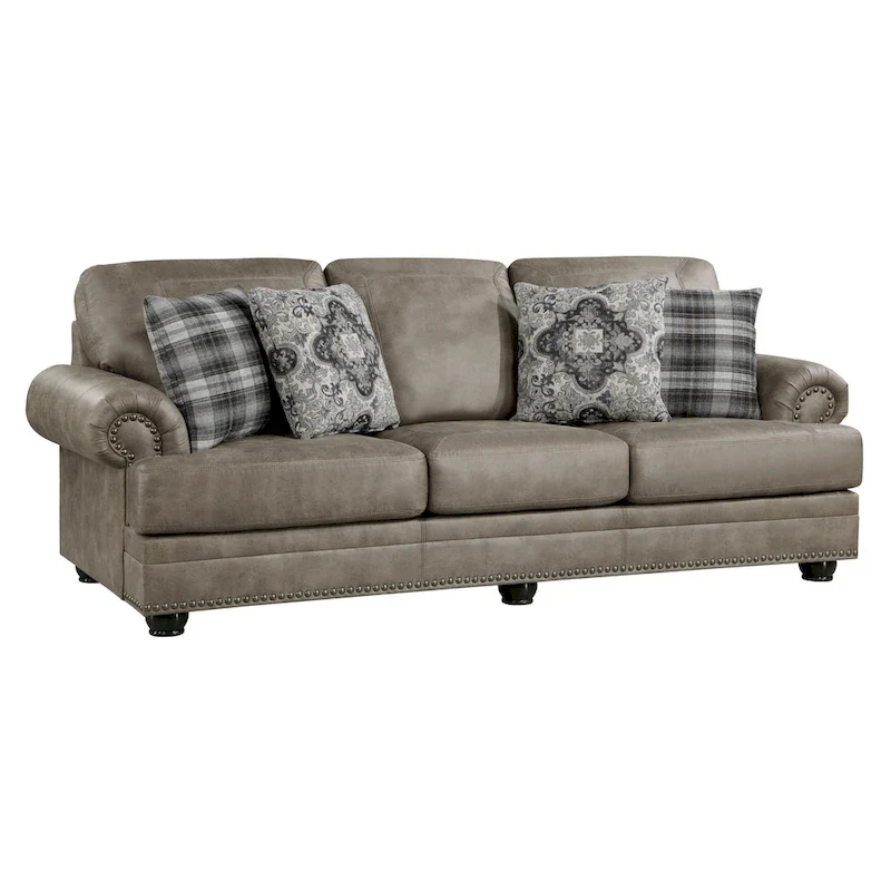 Taupe Brown / Espresso Brown Nailhead Trim Sofa, 3-Seat