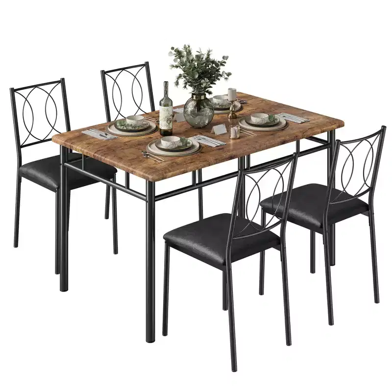 Farmhouse Dining Table Set for 4 with 4 Upholstered Chairs,Sturdy Wood KitchenTable, Space-Saving Apartment Dining Furniture
