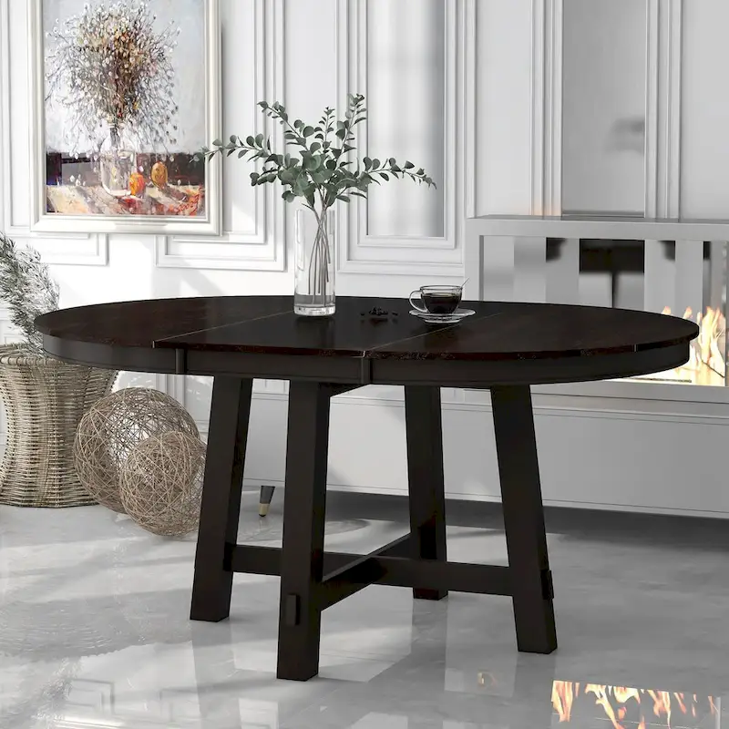 Round Extendable Wood Kitchen Dining Table with 16 Leaf
