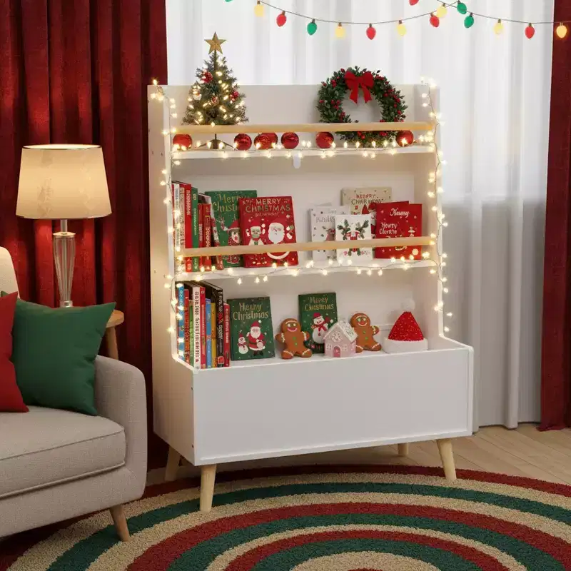 Kids Bookshelf with Open Shelves and Storage Bin, White Bookcase with Wooden Legs for Playroom or Bedroom