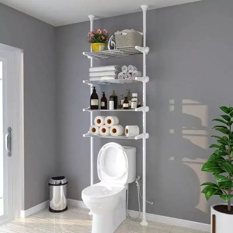 4 - Tier Over Toilet Storage Shelf Heavy Duty Metal White Space - Saving Bathroom Organizer No Drill 4.5 - 9.5 FT Adjustable
