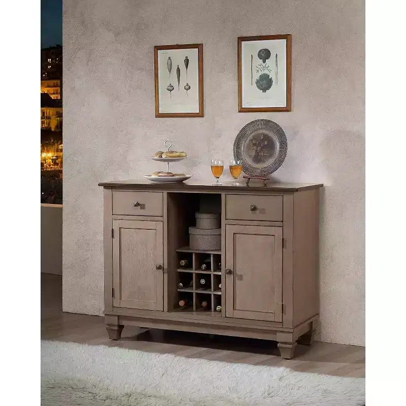 Kings Brand Almon 2-Tone Brown Wood Wine Rack Sideboard Buffet Server Storage Cabinet With Drawers, Shelf and Doors