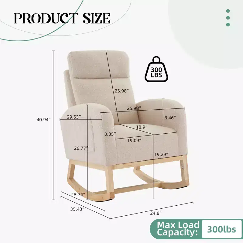 Upholstered Glider Rocker Chair with High Backrest & Wooden Legs, Comfy Nursery Rocking Accent Chair with Side Pocket for Living Room