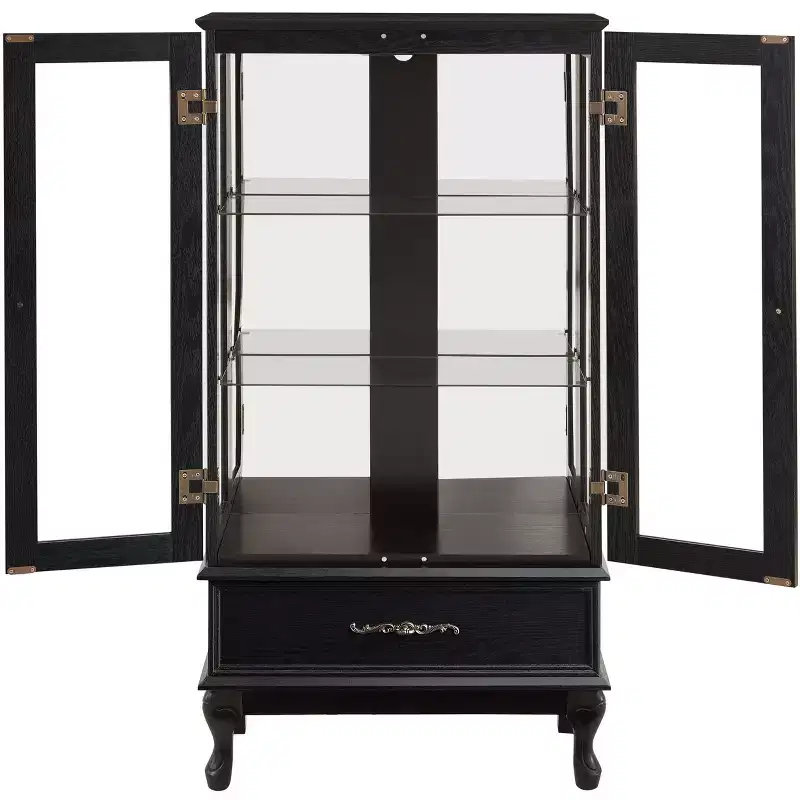 Elegant Lighted Glass Curio Display Cabinet - Wooden Frame Storage for Living Room, Kitchen & Pantry - Ideal for Wine, Toys & Collectibles - Black