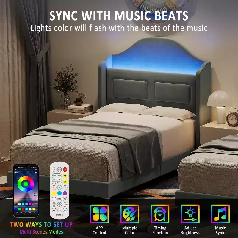 GustoWave Upholstered Twin Bed Frame, with Wing Back Storage Headboard and Led Lights