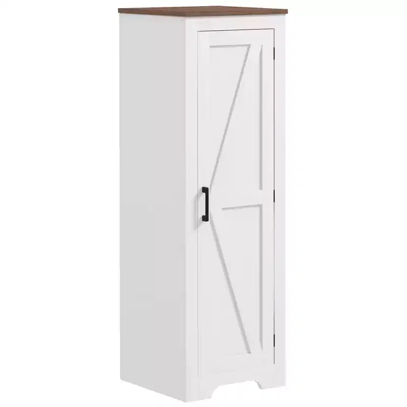 Farmhouse Storage Cabinet with Single Barn Door and Adjustable Shelf, Floor Pantry Cabinet, White