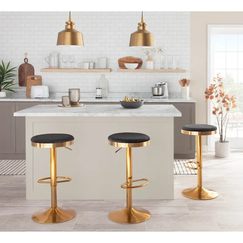 Set of 2 Counter Bar Stools | Gold Steel Frame | White Faux Leather | Adjustable Height