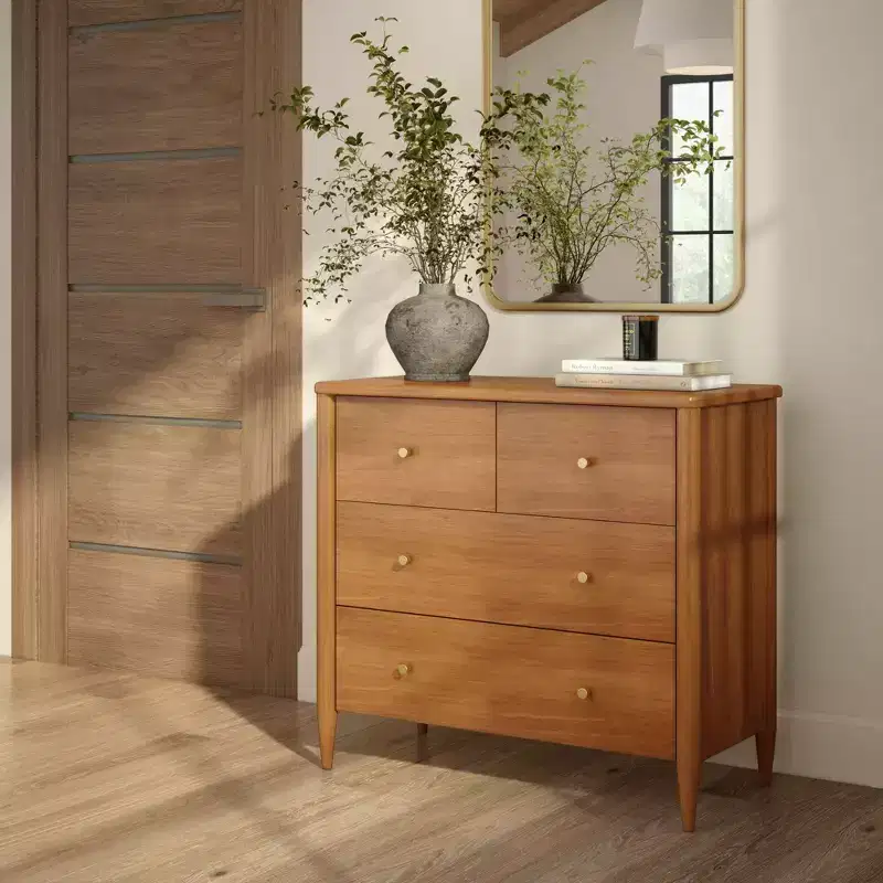 3 Drawer Dresser with Divided Top Drawer, Mid-Century Modern