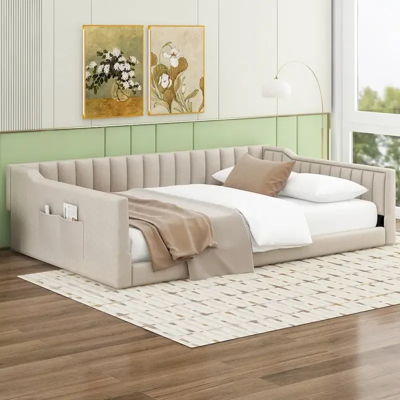 Full XL Size Upholstery Daybed and Side Storage pocket