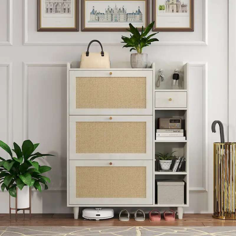 Bohemia Style Shoe Cabinet, Shoe Rack Cabinet with 3 Rattan Flip Drawers,3 Square Shelves and 1 Storage Drawer
