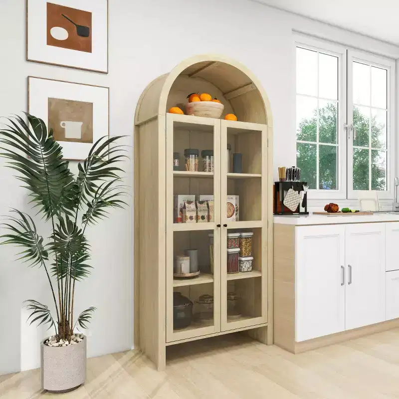 70 Modern Arched Display Cabinet with Glass Doors, Natural Kitchen Storage Cabinet for Dining Room, or Living Room-Panipeachy