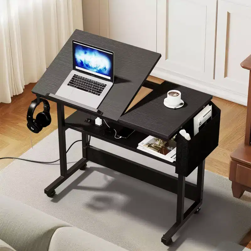 Height Adjustable Rolling Desk with Charging Station and Storage Shelf