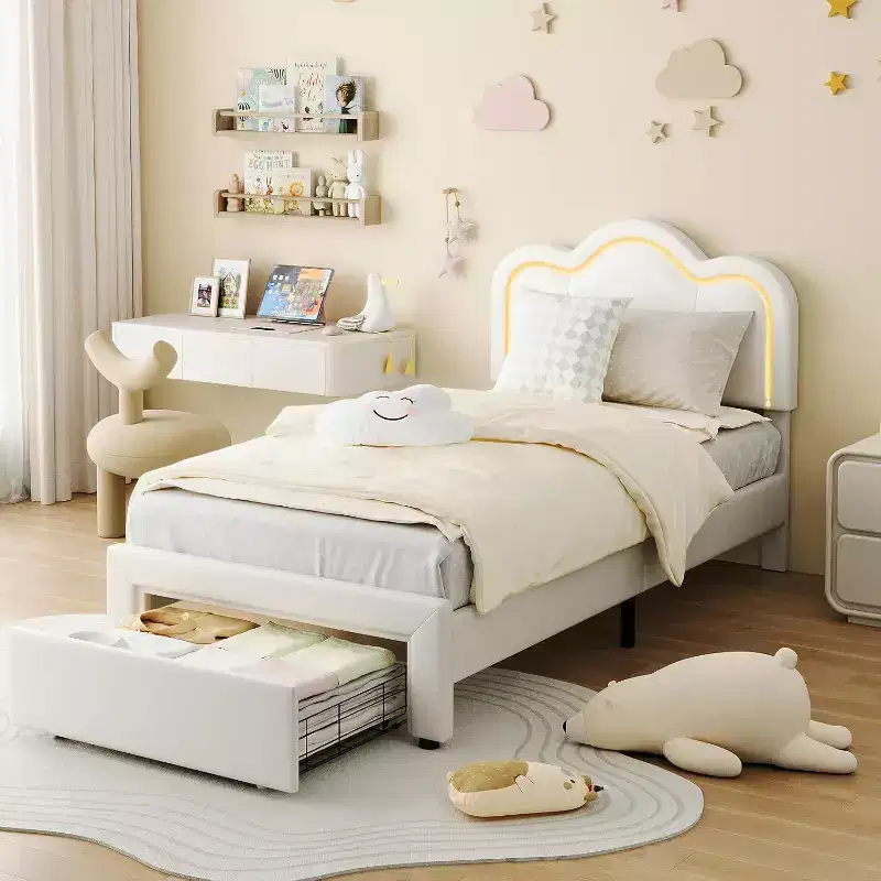 Velvet Upholstered Twin Platform Bed Frame with Height Adjustable Headboard, RGB LED Lights