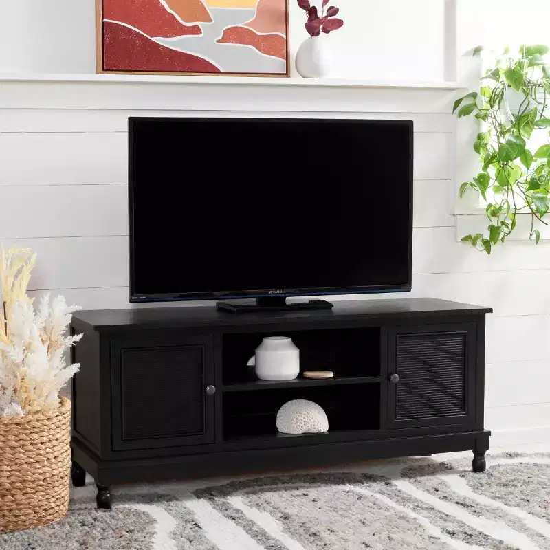 2-Door 1-Shelf Media Stand – Black MDF and Pine