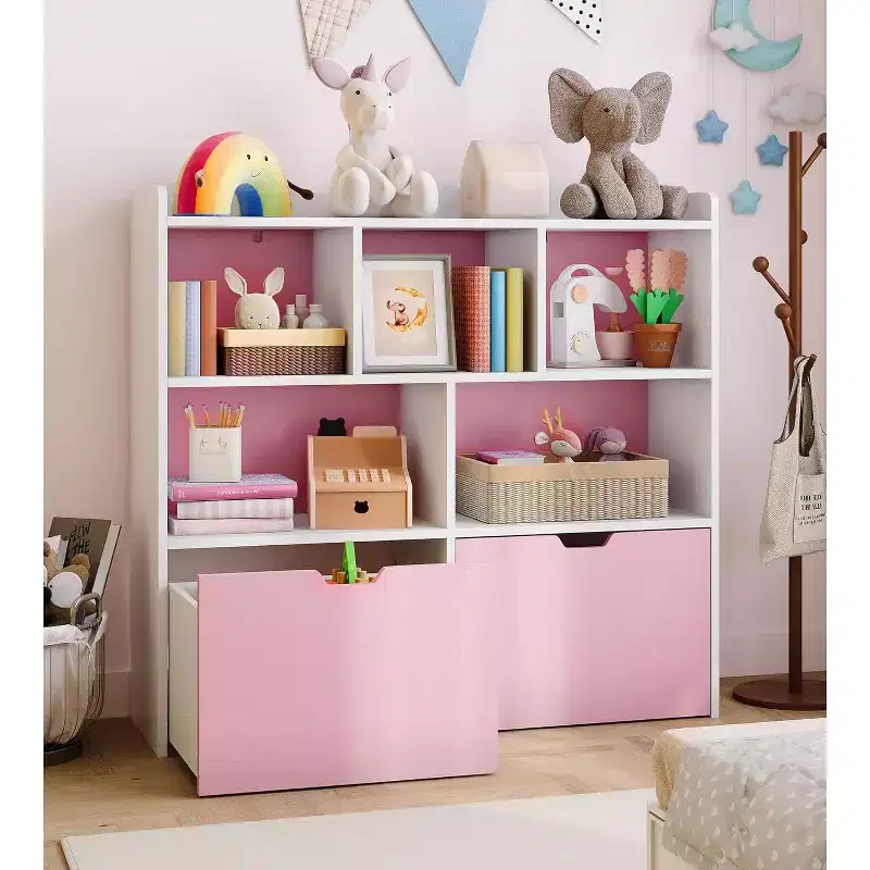 Toys Storage Organizer with Movable Drawers, Kids Bookshelf with Hidden Wheels and 5 Open Cubbies, Multifunctional Floor Storage Chest for Playroom