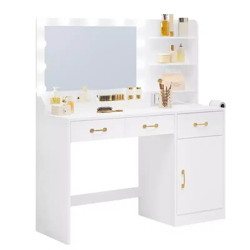 COZONY Vanity Desk with LED Mirror & Power Outlet, Makeup Table with 3 Drawers & Storage Shelves for Bedroom Dressing Room, White