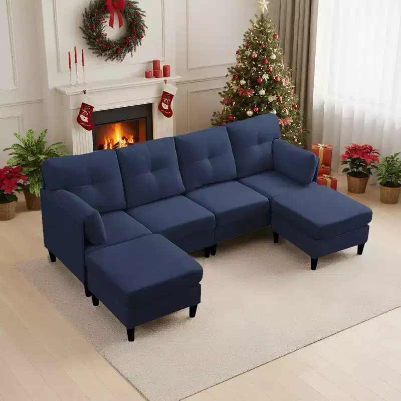 Mjkone Modular Convertible Sectional Sofa Couch, Upholstered Comfy Fabric 4-Seater Sofa with Movable Ottomans