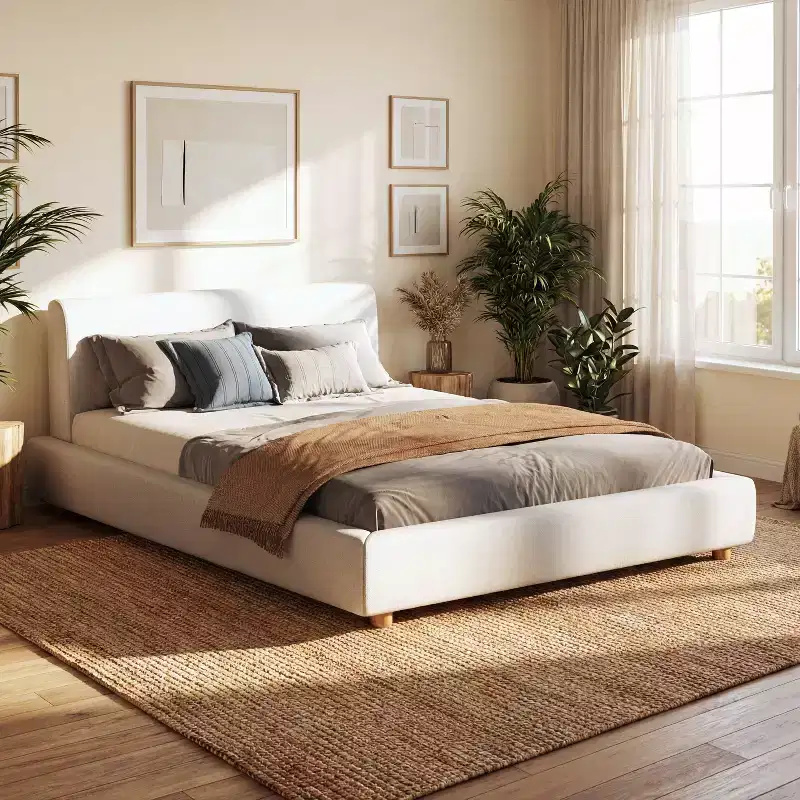 Queen/King Size Upholstered Platform Bed Frame with Soft Padded Headboard, White - ModernLuxe