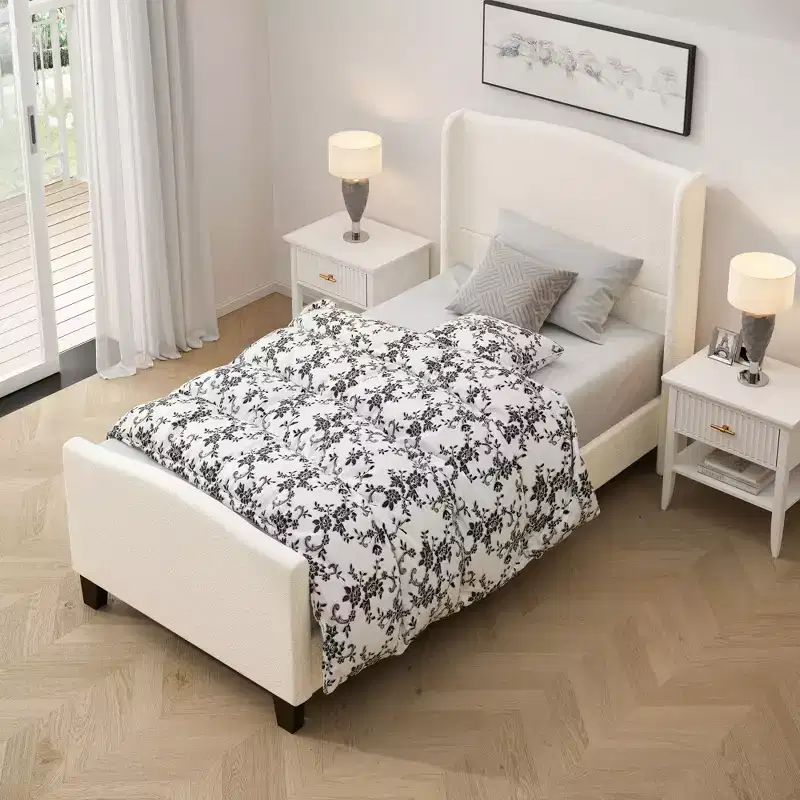 Wooden High Back Platform Bed Frame with Teddy Upholstered Headboard, Modern Soft Bed, No Box Spring Needed