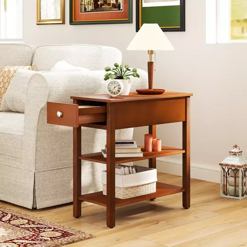 Narrow End Tables w/Drawer Shelves & Rubber Wood Legs Sofa Side Table