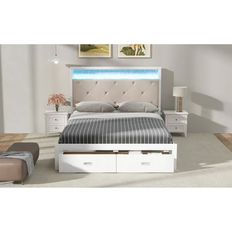 Queen Size Platform Bed with Upholstered Headboard, LED, and 2 Drawers