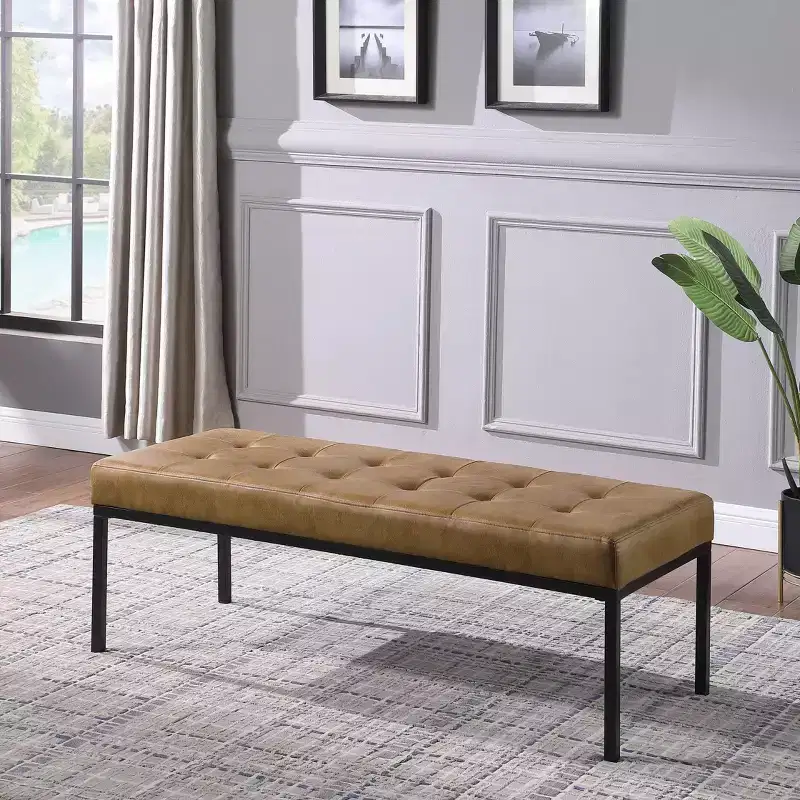 Tufted Faux Leather Metal Bench - Modern Industrial Style