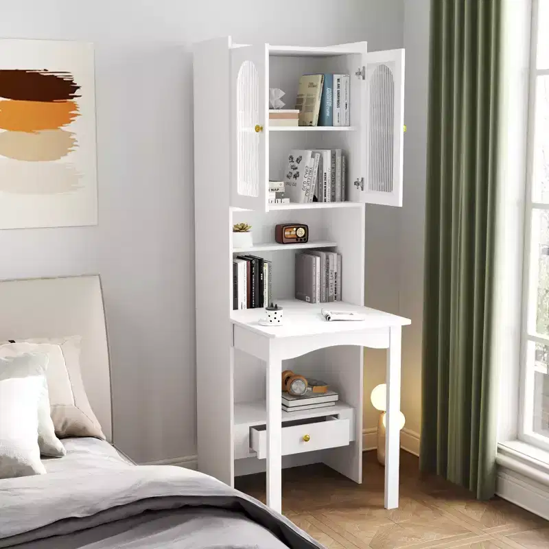Okak 70.87IN Folding Table with Bookshelf, Standing Desk with 4 Shelves, 1 Drawer and 2 Glass Doors, Writing Desk for Study, Reading Room