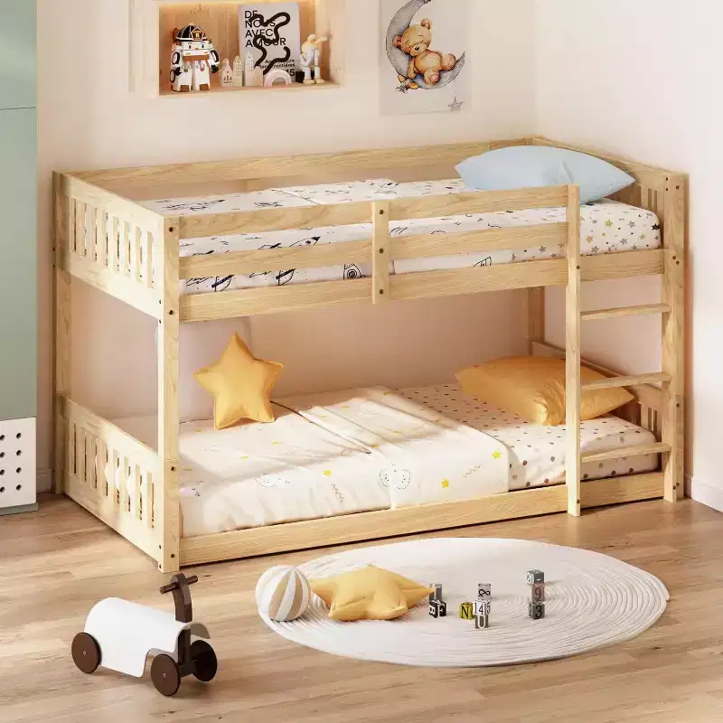 Low Twin Over Twin Bunk Bed with Guardrails and Ladder