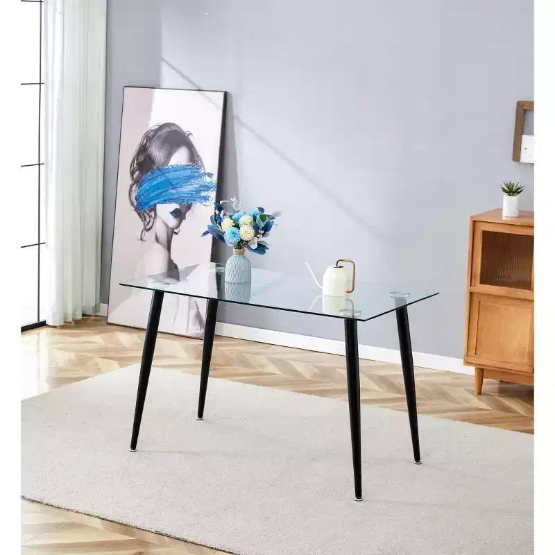Okak Dining Table for Small Space, Contemporary Rectangle Tempered Glass Dining Table with Metal Legs for 4 People