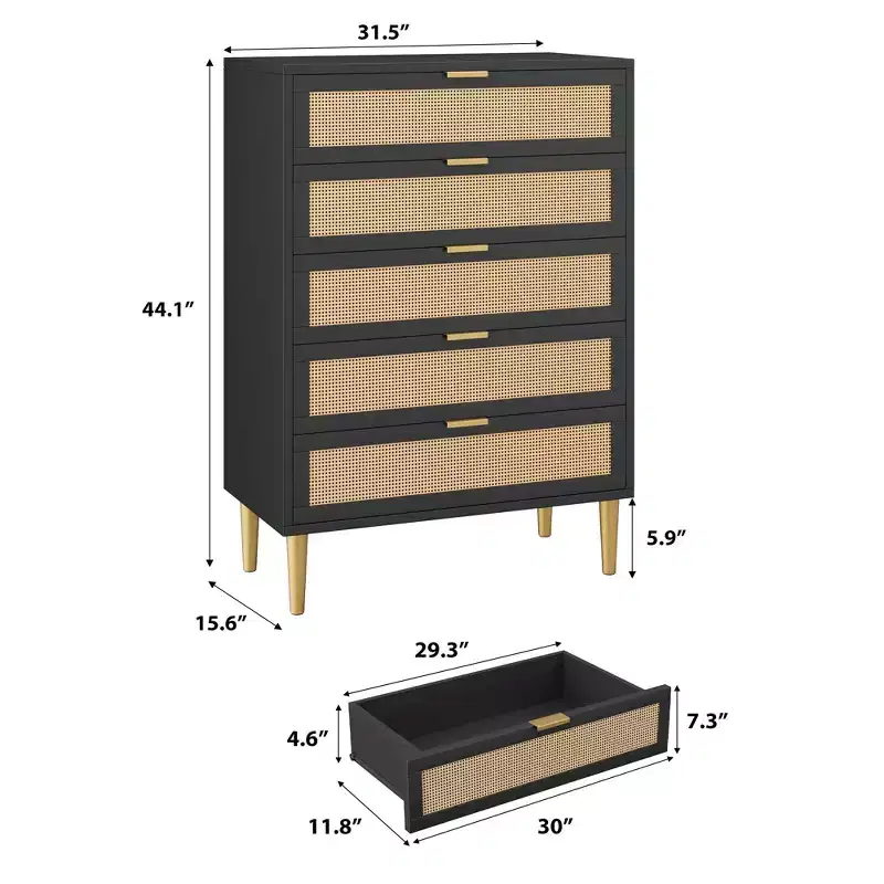 Rattan 5 Drawer Dresser, 44'' Tall Narrow Chest, Farmhouse Wood Dresser with Metal Legs, Bedroom Cabinet, Oak