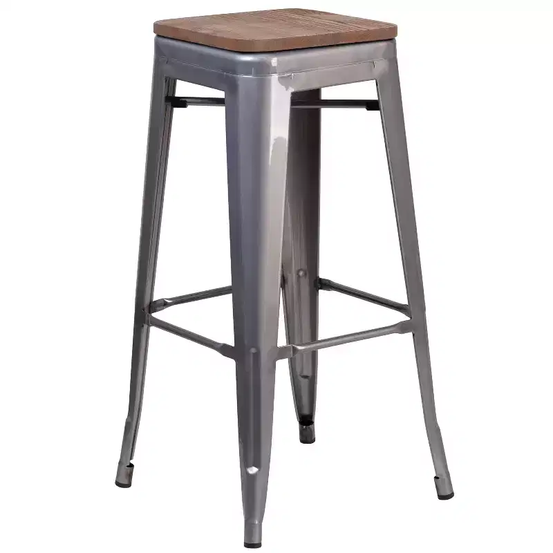Clear Coated Gray Metal Bar Counter Stool With Textured Walnut Elm Wood Seat