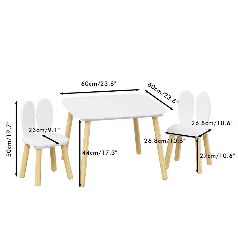 JVNOXK Children's Desk and Chair Set (includes 2 chairs), 3-Piece Rabbit-Themed Toddler Desk and Chair Set, Solid Wood Legs (White)