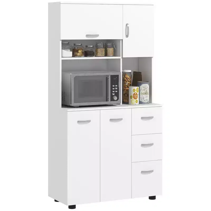 HOMCOM 66 Buffet with Hutch, Freestanding Kitchen Pantry with 2 Large Cabinets, 1 Pull Up Cabinet, 3 Drawers & Wide Countertop, White