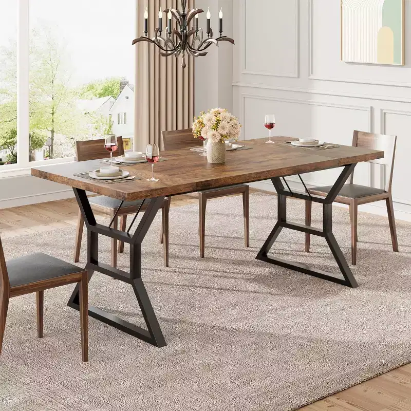 Rectangular Dining Table for 6, Heavy-Duty Metal Legs, Brown