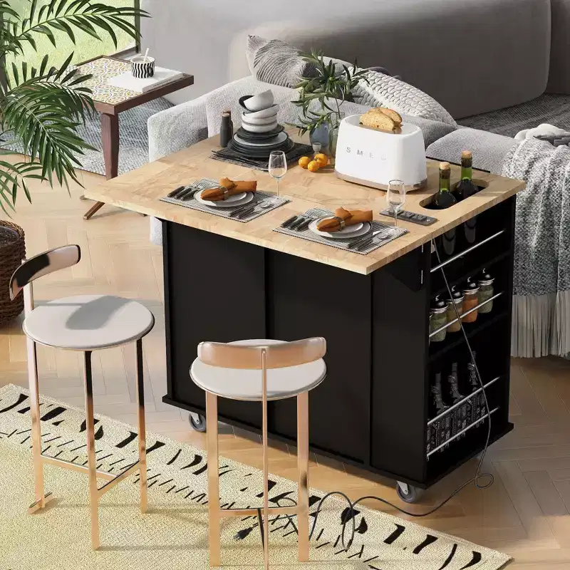 Okak Modrn Kitchen Island with Drop Leaf & Adjustable Racks,Rolling Kitchen Cart with Shelves & Drawers,Storage Cabinet Folding Dining Table
