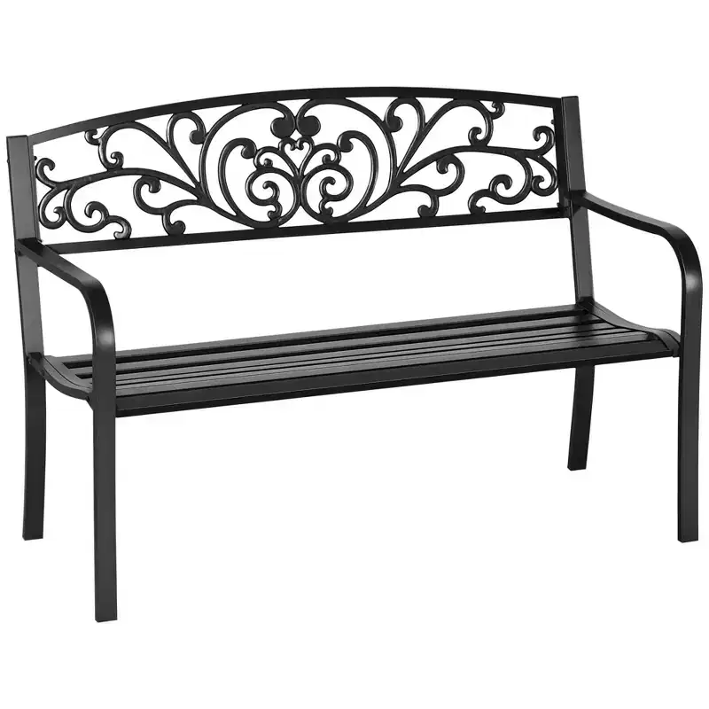 50 Outdoor Bench, Metal Garden Bench with Floral Pattern Backrest, Porch Bench with Slatted Seat for Park, Lawn