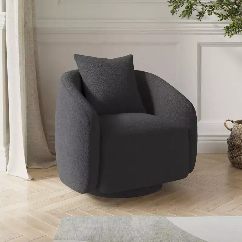 Swivel Accent Chair, Rotating Barrel Armchair with Back Pillow, Solid Wood Frame, Teddy Upholstered Chair for Living Room, Bedroom, Office