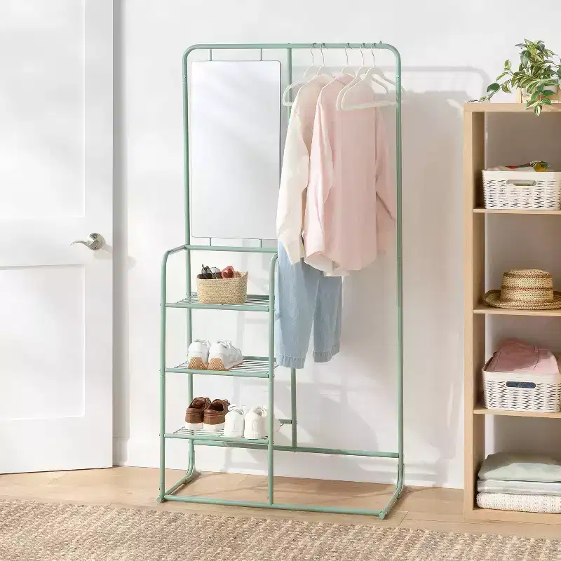 White / Assorted Greens Steel Garment Rack with Mirror & Shelves – 1 Person