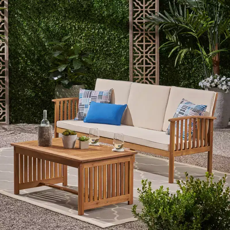 GDFStudio Navan Outdoor Acacia Wood 3 Seater Sofa and Coffee Table Set with Cushions