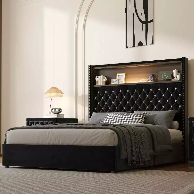 MAYEERTY Full Size Velvet Tufted Bed with Night Light 52 High Headboard Rivet Decor Wing-back Platform Headboard Shelf for Bedroom Black