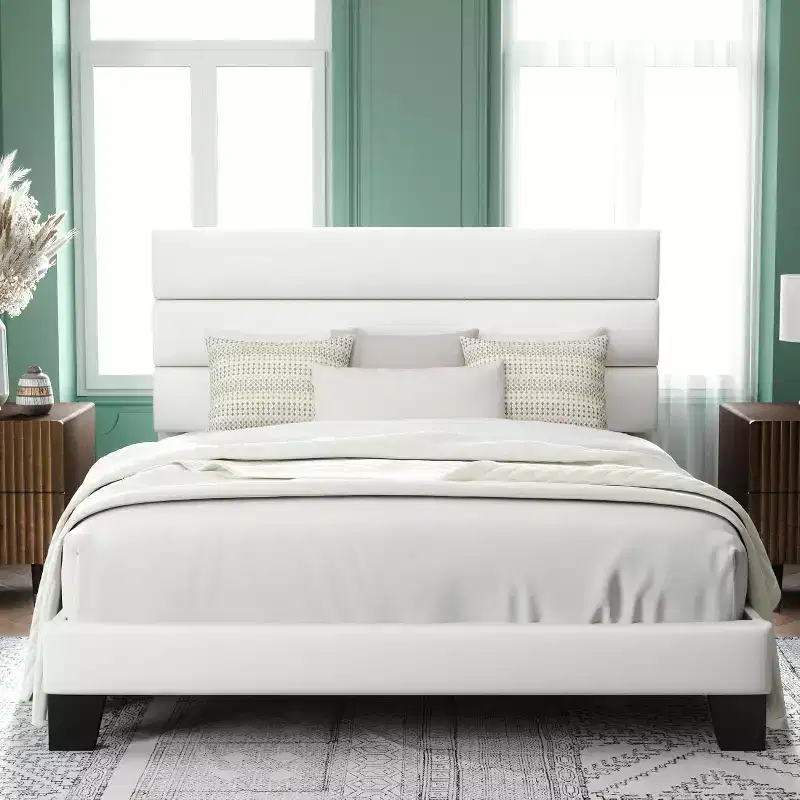 Allewie Velvet Upholstered Bed with Wooden Slats, No Box Spring Needed, Easy Assembly, White