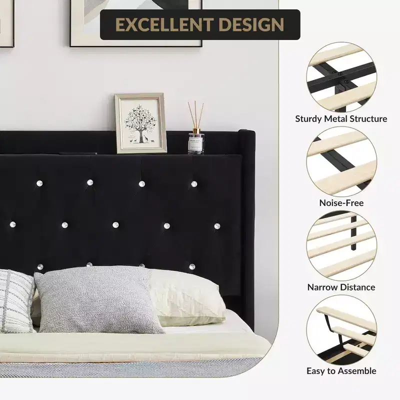 Floating Bed Frame, Modern Platform Bed Frame, Wood Slats Support, Upholstered Headboard, No Box Spring Needed, Black