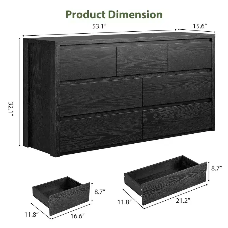 53W 7-Drawer Dresser, Modern Wide Wooden Chest of Drawers Storage Organizer for Bedroom & Hallway